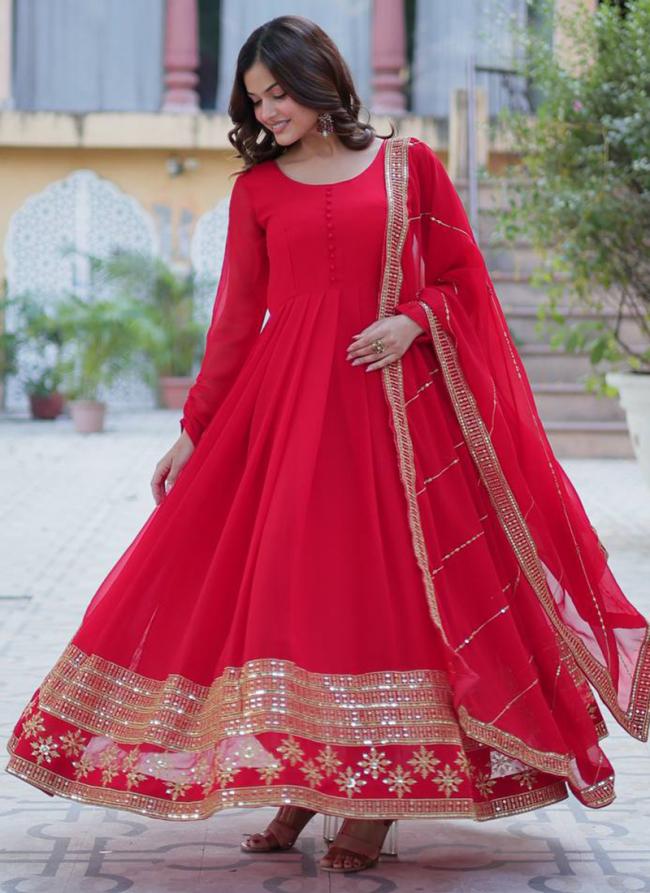 Faux Blooming Red Festival Wear Embroidery Work Readymade Gown With Dupatta